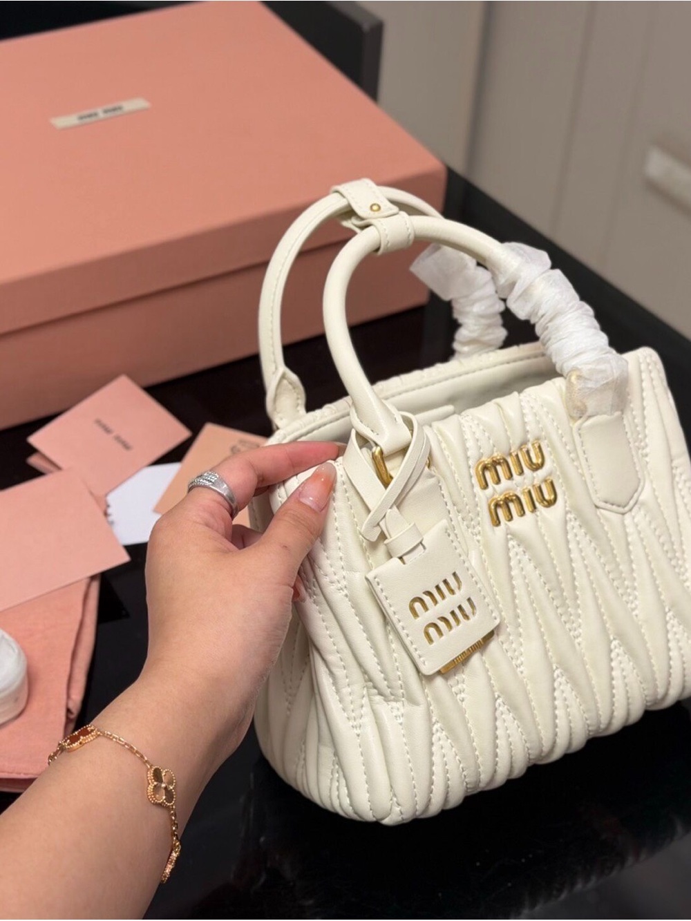 Miu Miu Ivory Quilted Matelassé Top-Handle Satchel with Gold Hardware